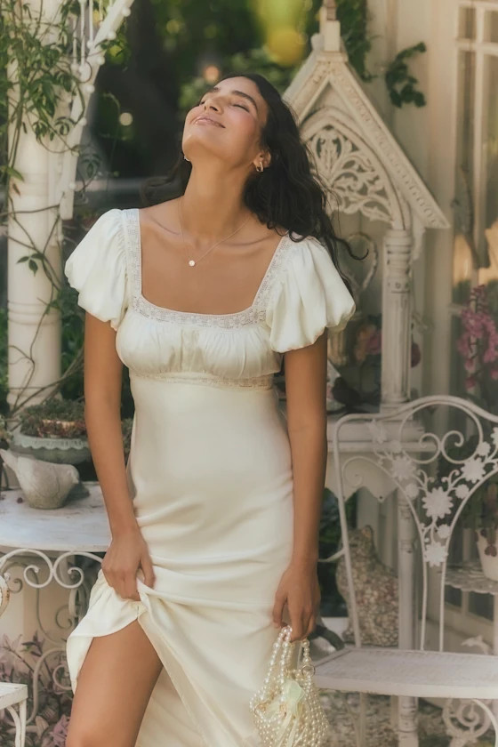 Catherine Ivory Satin Puff Sleeve Slip Midi Dress | Lulus