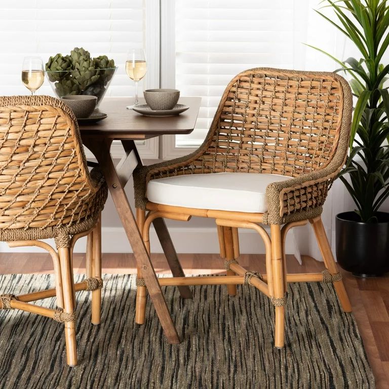 bali & pari Kyle Modern Bohemian Natural Brown Woven Rattan Dining Side Chair with Cushion | Walmart (US)