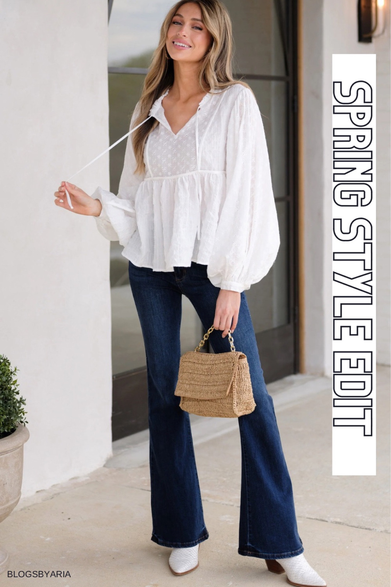 Spring style edit. Spring outfit idea. Casual outfit for spring. White blouse paired with dark flare denim jeans and woven bag  

#LTKstyletip #LTKSeasonal #LTKitbag