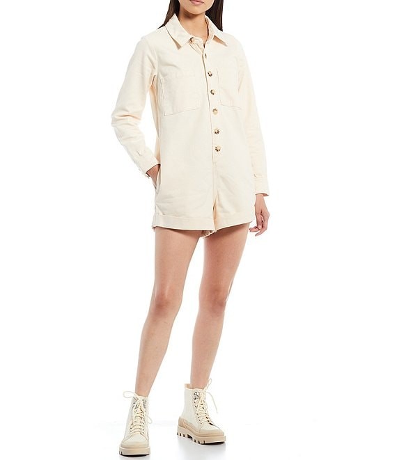 Vera Long Sleeve Button-Down Denim Romper | Dillards
