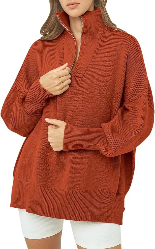 ANRABESS Women's Oversized Sweater 2023 Fashion Long Sleeve Quarter Zipper Collar Drop Shoulder S... | Amazon (US)