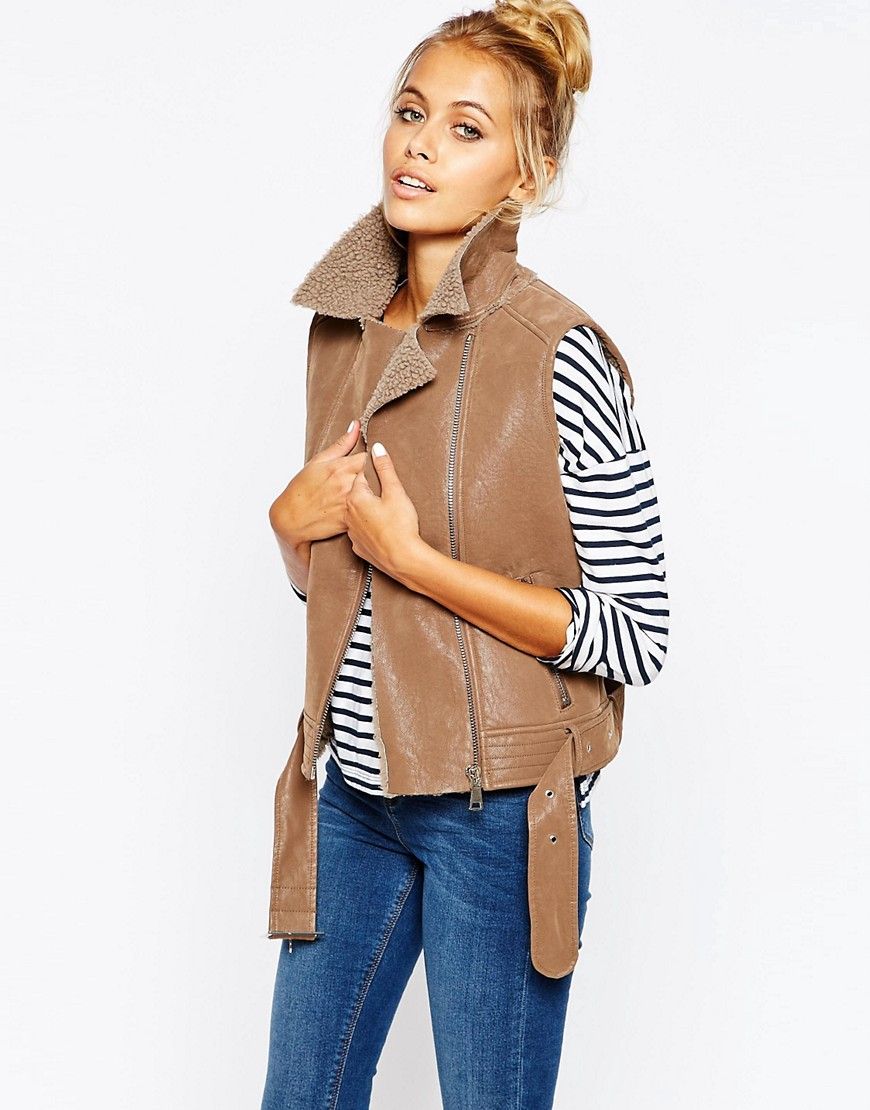 Barney's Originals Biker Vest with Fleece Lining - Tan | ASOS US