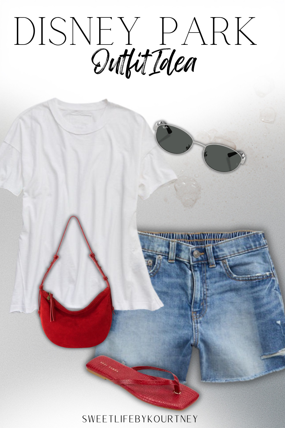 Disney park outfit idea that keeps it easy, comfy, and cute for a full walking day. A white tee, denim shorts, red sandals, red bag, and sunglasses make the outfit feel simple but still styled for park photos, rides, snacks, and Florida heat.
#SweetLifeByKourtney #DisneyOutfit #ParkOutfit #CasualStyle 

 #LTKmomlife #LTKSeasonal #LTKTravel