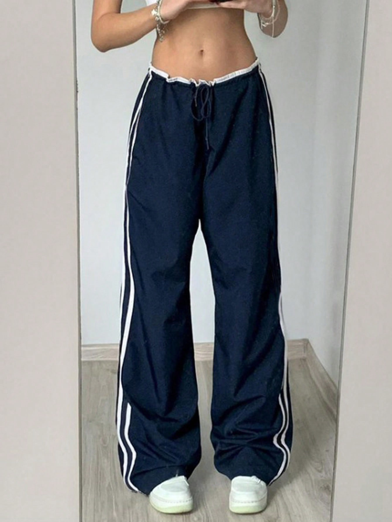 SHEIN EZwear Y2K Women's Color Block Tie Front Casual Track Sweatpants | SHEIN
