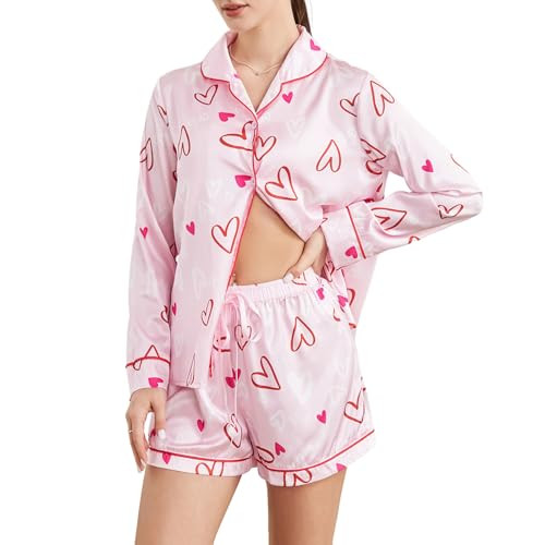 Women's Valentines Day Pajama Set 2 Pieces Pjs Set Cute Heart Print Sleepwear Button Up Shirt+Shorts (A Pink, XL) | Amazon (US)