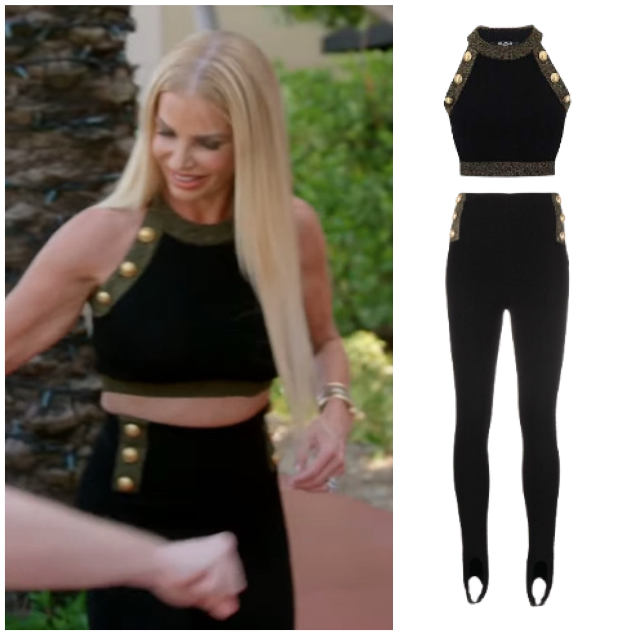 Alexia Echevarria’s Black and Green Button Crop Top and Leggings