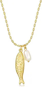 Fish Pendant Necklace for Women 14k Gold Plated Ball Chain Bohemian Pearl Fish Charm Pendant Neck... | Amazon (US)