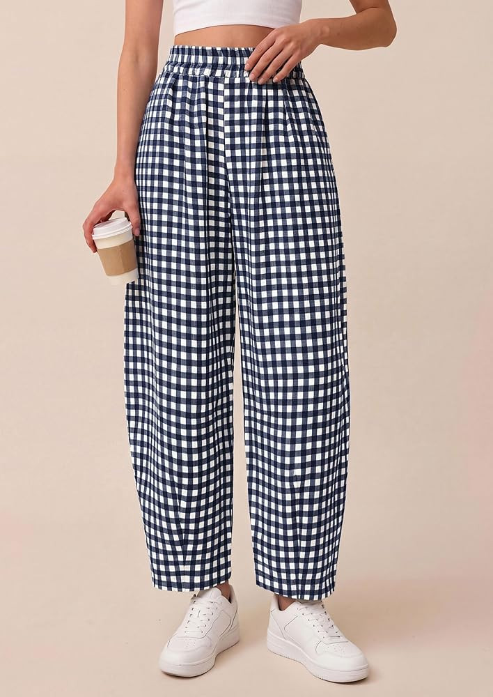 PRETTYGARDEN Plaid Barrel Pants Women Summer Bottoms | Amazon (US)