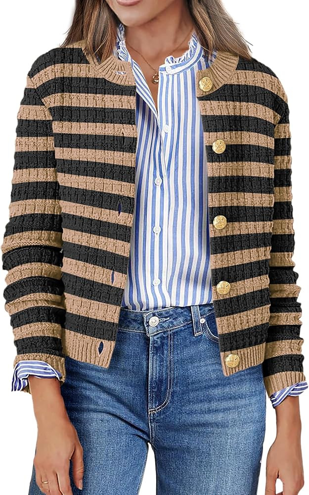 Zeagoo Women's 2024 Knit Cardigan Sweaters Long Sleeve Open Front Button Down Crew Neck Tweed Cro... | Amazon (US)