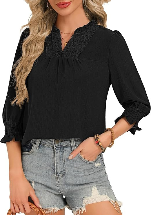Funlingo 3/4 Length Sleeve Womens Tops Dressy Casual Blouses Ruffle V Neck Lace Crochet T Shirts ... | Amazon (US)