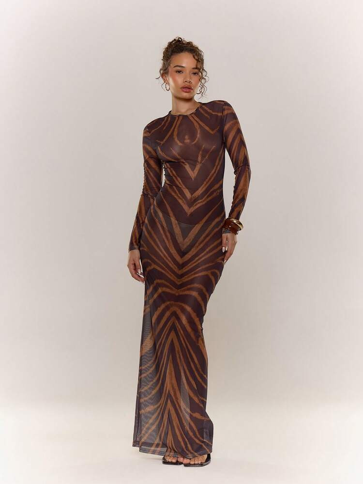 MUSERA Fitted Animal Printed Mesh Long Sleeve Crew Neck Maxi Long Dress Sexy Going Out Autumn Fall Night Out Cute Streetwear Feraux Party Elegant Evening Spring Summer | SHEIN