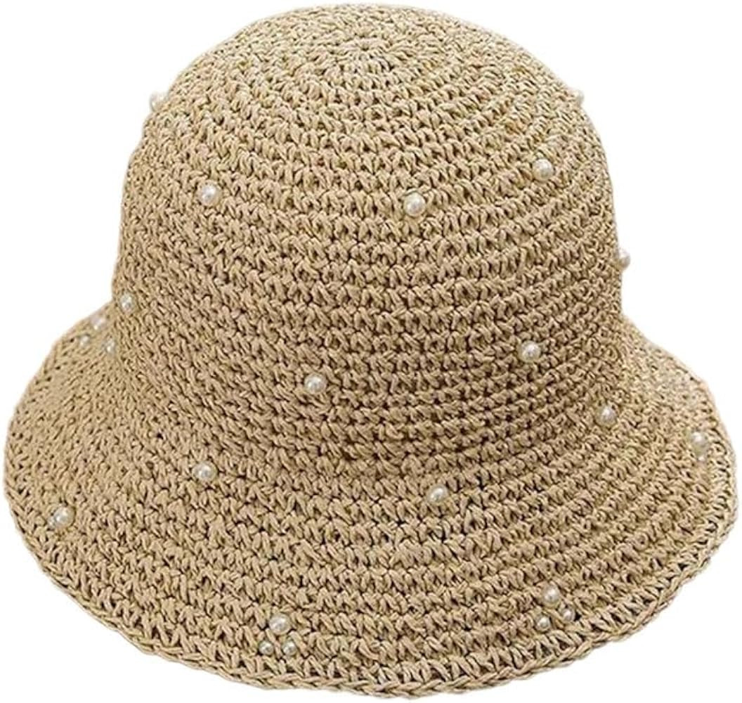 Women Summer Pearl Shell Straw Crochet Protect Bucket Outdoor Fisherman Panama Beach Travel Hat | Amazon (US)