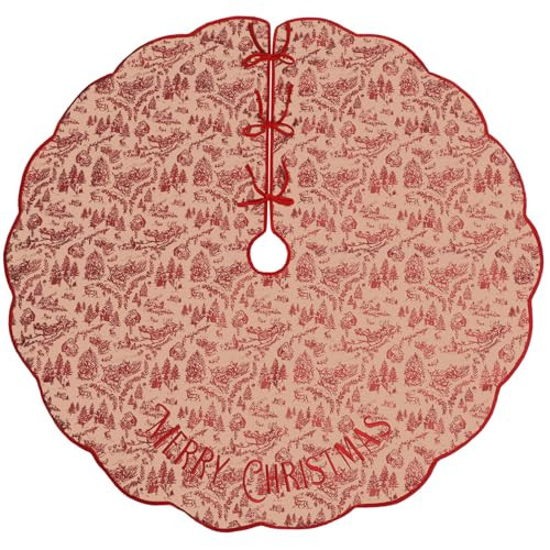 Canlierr 54 Inch Scalloped Christmas Tree Skirt Embroidered Chinoiserie Merry Christmas Tree Skirt with Velvet Edge Ties Red Xmas Party Decorations for Indoor Outdoor Decor Holiday Supplies | Amazon (US)