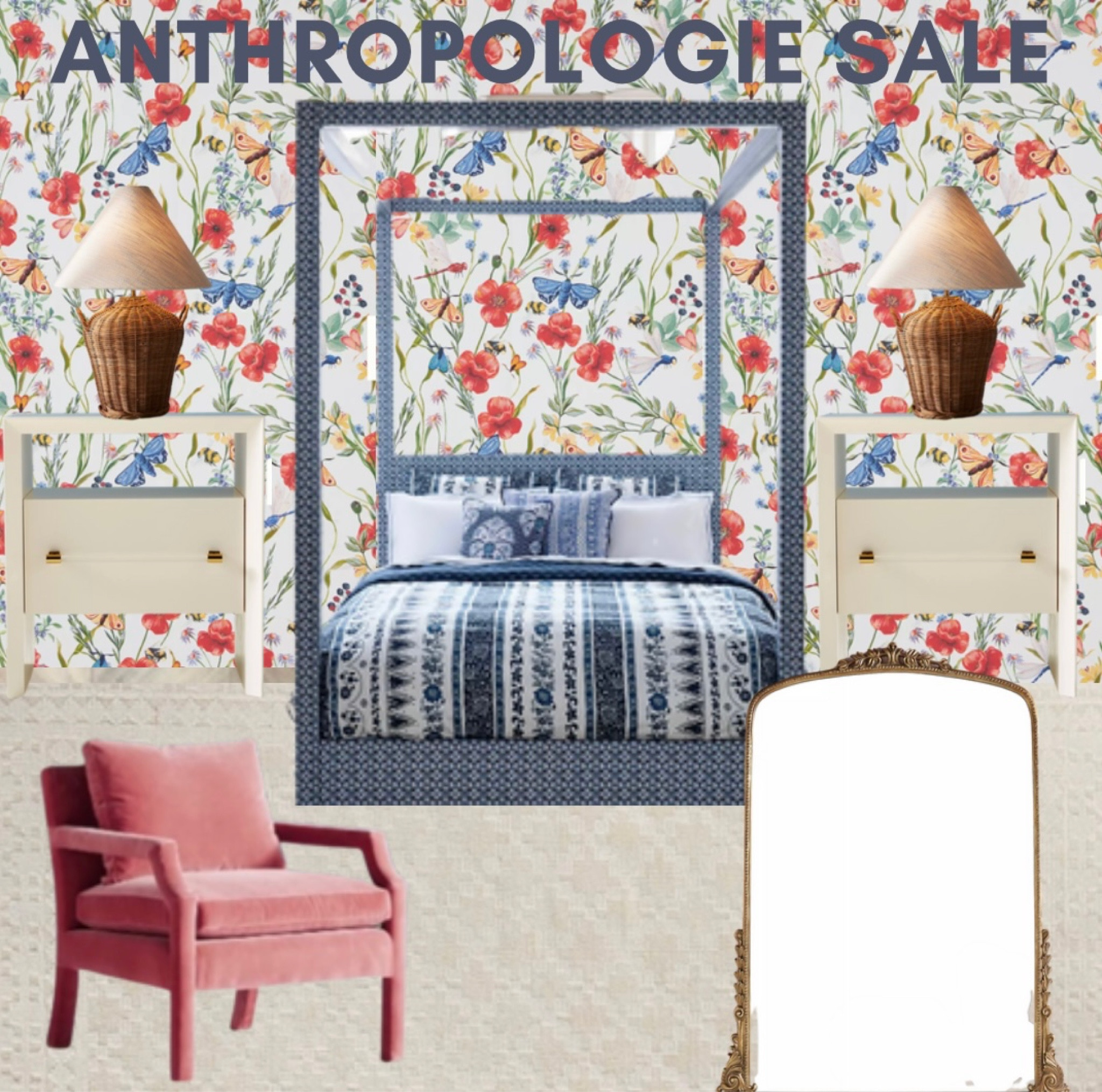 Anthropologie Sale. Canopy bed. Blue and white. Rattan table lamp. Nightstands. Woven rug. Floral wallpaper. Pink arm chair. Velvet. Floor mirror. Grandmillennial. Bedroom. Guest room. Duvet cover. Chinoiserie. Rattan picture frame  

#LTKxAnthro #LTKsalealert #LTKhome