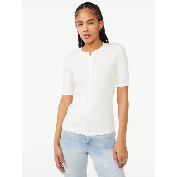 Free Assembly Women's Rib Henley Tee with Short Sleeves | Walmart (US)