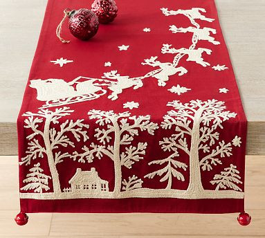 Sleigh Bell Crewel Embroidered Cotton Table Runner | Pottery Barn (US)