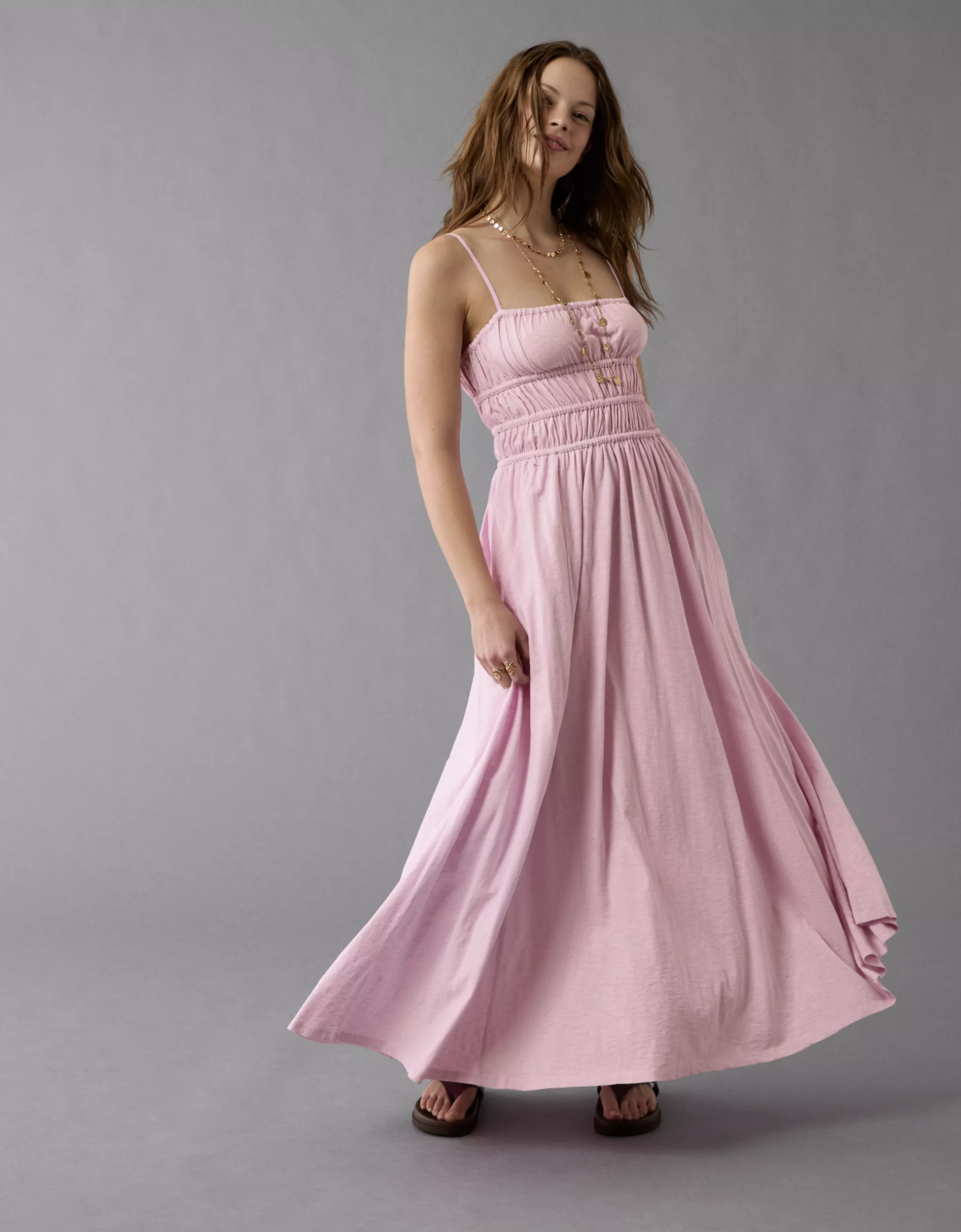 AE Sunchaser Knit Smocked Bodice Striped Midi Dress | American Eagle Outfitters (US & CA)