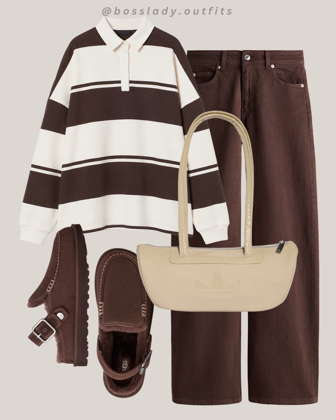 brown on brown on repeat 🤎☕️

Tags: brown striped rugby polo, oversized collared sweatshirt, wide leg brown jeans, brown straight leg denim, adidas mini shoulder bag, beige patent handbag, UGG shearling buckle boots, brown suede winter boots, brown fall outfit, neutral aesthetic outfit #ltkautumn

#LTKstyletip #LTKbag
