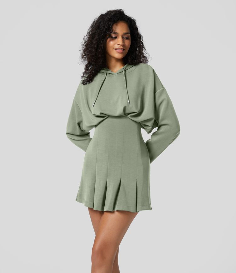 Women’s Drawstring Dropped Shoulder Long Sleeve Plicated Pleated Hem Hip Wrapped Mini Casual Ho... | HALARA