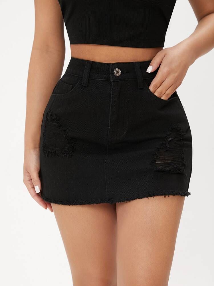 SHEIN PETITE High Waist Raw Trim Denim Skirt | SHEIN