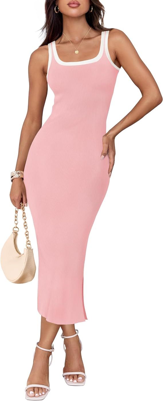 ZESICA Women's Summer Knit Bodycon Midi Dress 2024 Casual Sleeveless Square Neck Side Slit Long T... | Amazon (US)