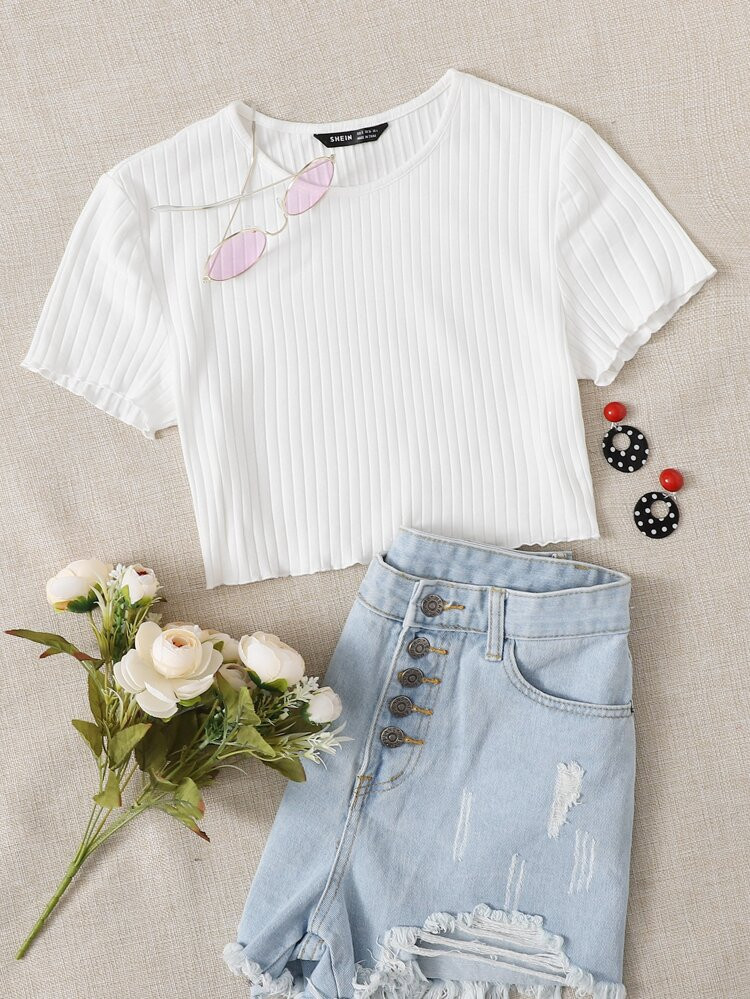 SHEIN Lettuce Trim Rib-knit Top | SHEIN