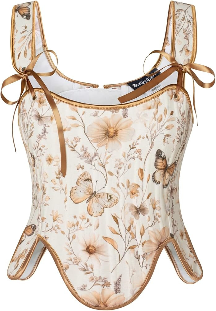 SCARLET DARKNESS Women’s Renaissance Corset Top Square Neck Lace-up Floral Print Vintage Corset... | Amazon (UK)