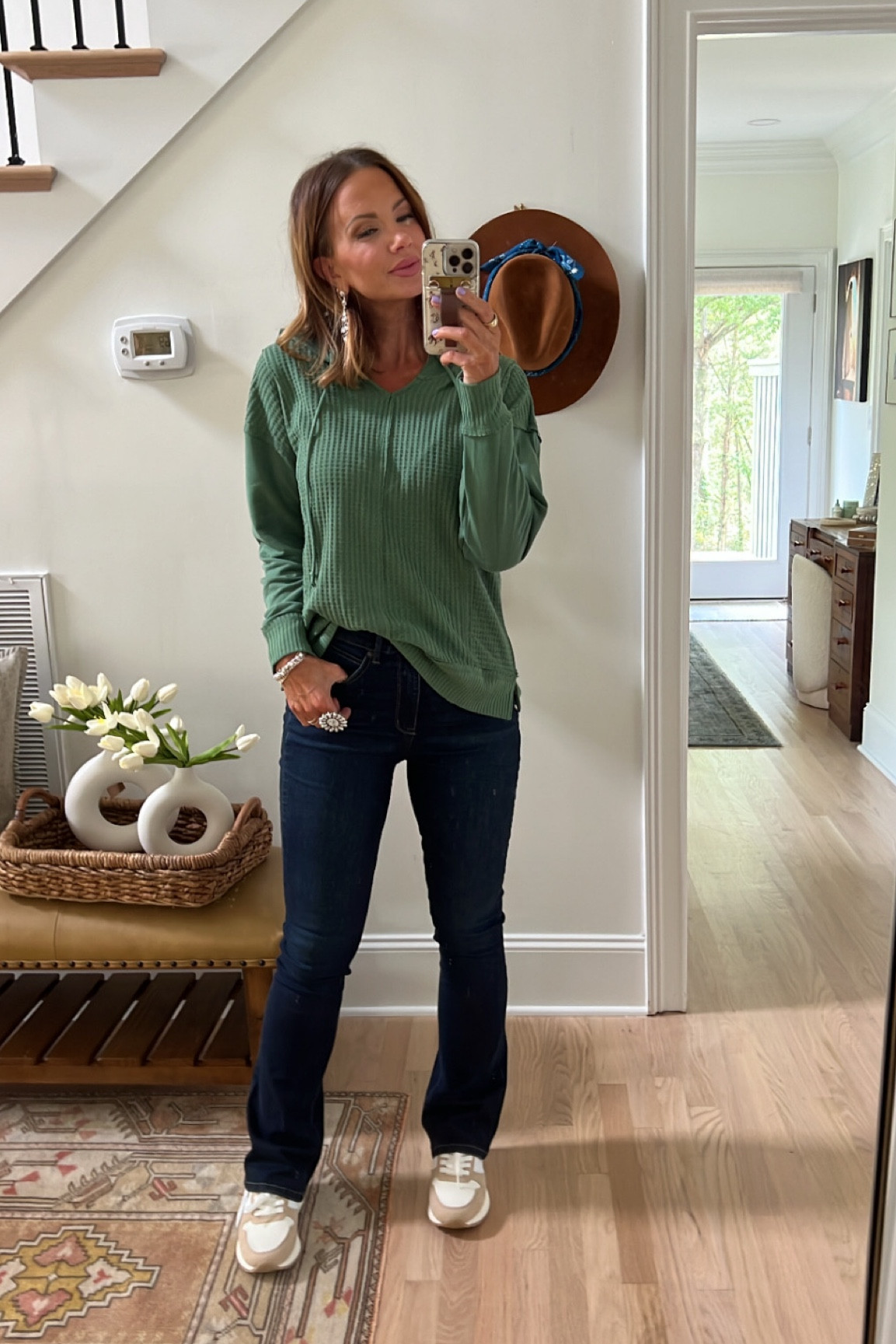 Hoodie is lightweight and so cute wearing a medium TTS! Perfect transitional piece for fall. Jeans are size 6 and have stretch TTS.  Linking some other great shoe options too! 
#walmartpartner #walmartfinds #iywyk @walmart 

#LTKfindsunder50