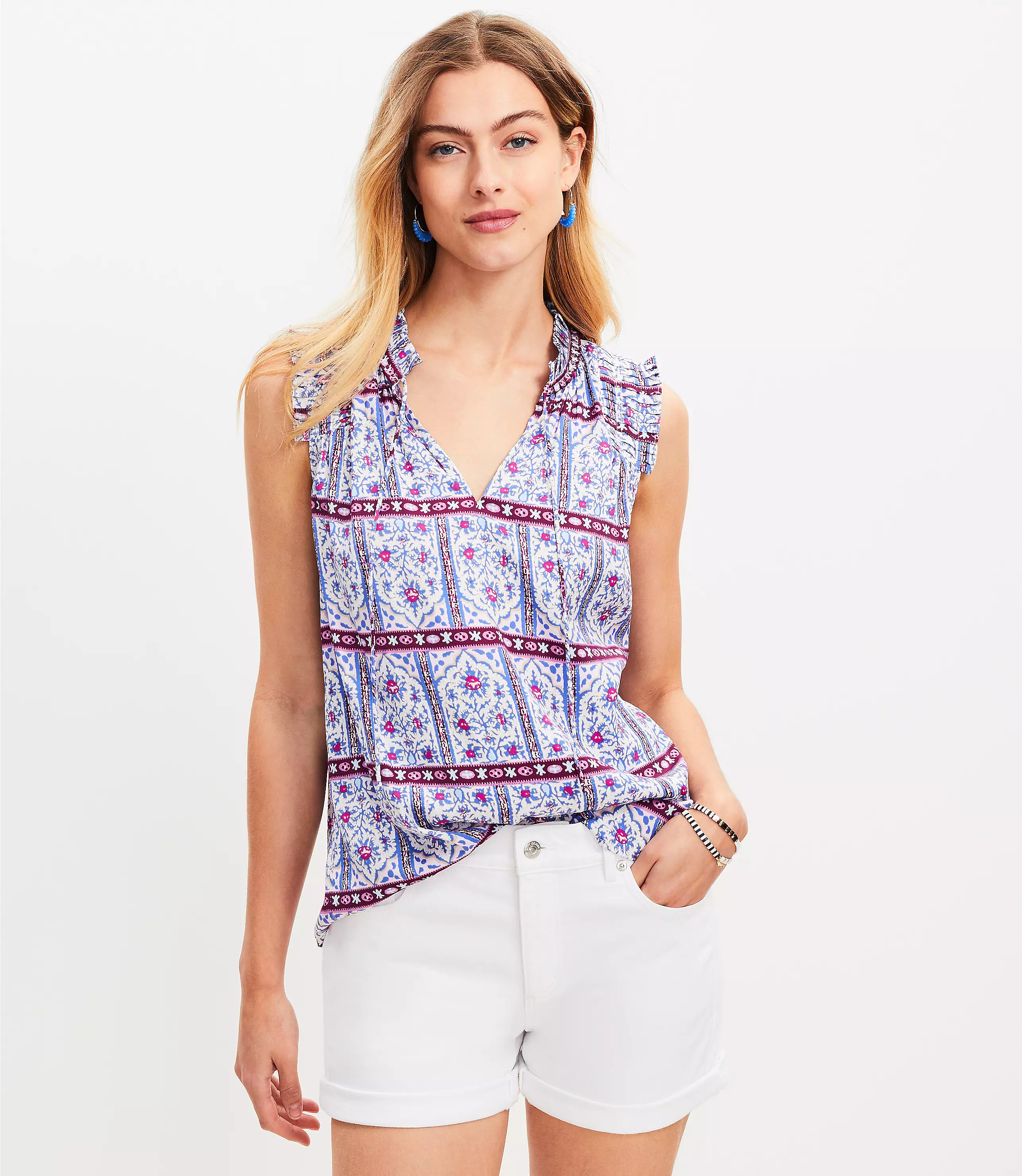 Geo Pleated Tie Neck Shell | LOFT