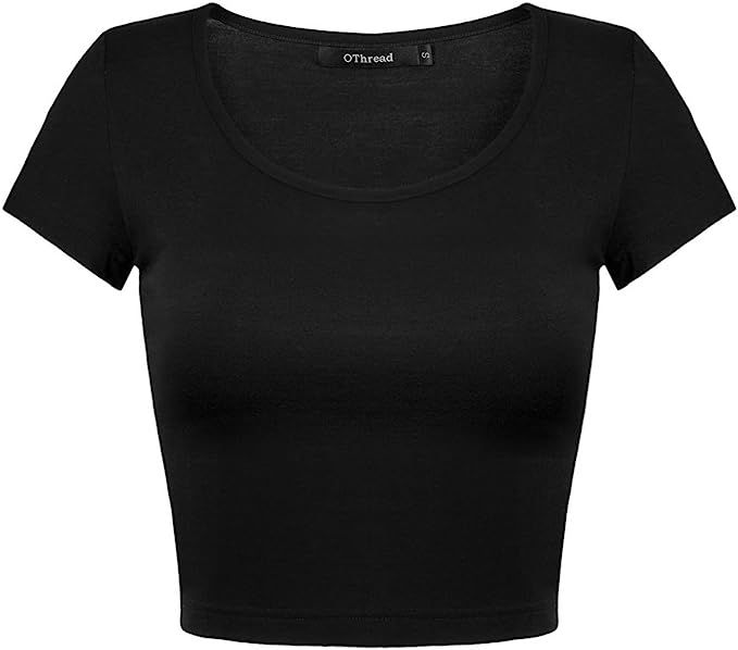 OThread & Co. Women's Basic Crop Tops Stretchy Casual Scoop Neck Cap Sleeve Shirt | Amazon (US)