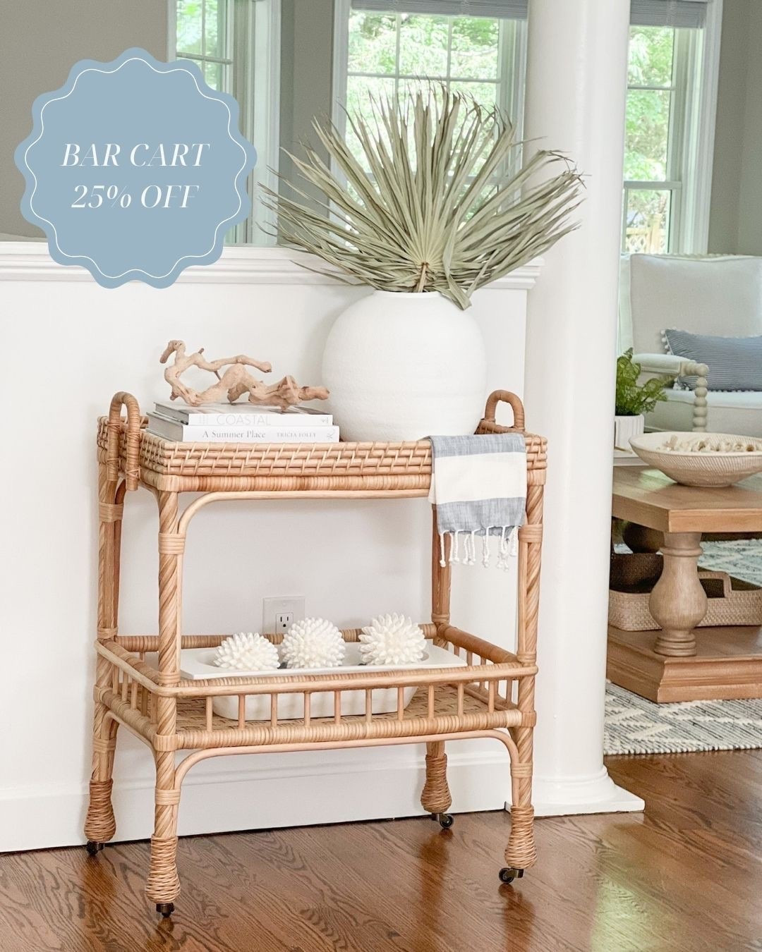 Serena & Lily's sitewide sale ends TODAY (7/8), with savings of up to 40% off! My bar cart is included in the sale, and it's one of my favorite pieces in my home!

- 
coastal home decor, bar cart decor, bar cart styling, console table styling, amazon coffee table books, coastal coffee table books, white coffee table books, driftwood branch, white vases, large vases, dried palm stems, spring vase filler, spring stems, serena & lily bar cart, south seas side cart, white dough bowl, amazon dough bowl, amazon decorative bowl, spring bowl filler, amazon bowl filler, shell orbs, shell balls, shell decor beach house decor, vacation house decor, summer decor, textured decor, tea towel, rattan bar cart, beach house decor, natural decor, natural home style, organic home decor,

#LTKHome #LTKSaleAlert