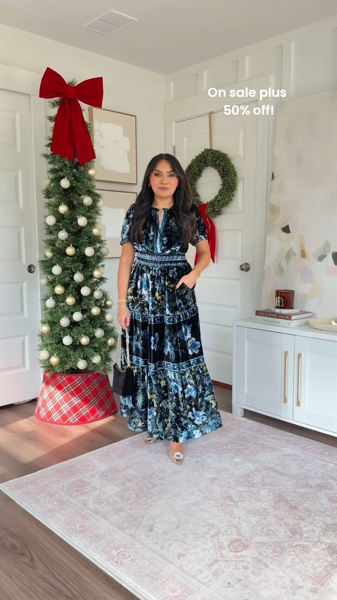 Natural ivory faux fur coat size xxs - need to size up a size so I can button the coat!
Dark blue printed velvet maxi dress size xs petite TTS
Rhinestone heels - old, similar linked



#LTKFindsUnder100 #LTKSaleAlert #LTKPetite