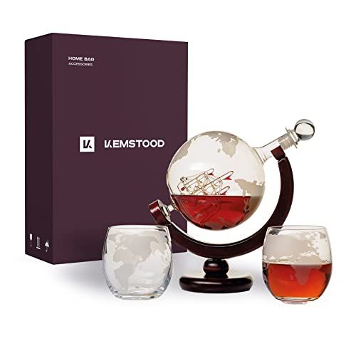 Kemstood Whiskey Decanter Set - Etched World Globe Whiskey Decanter Sets for Men with 2 Glasses in G | Amazon (US)