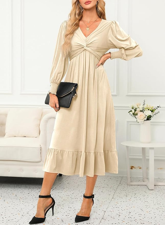 Dokotoo Womens 2024 Wrap V-Neck Twist Knot Long Sleeve Empire Waist Midi Maxi Dress A-Line Ruched... | Amazon (US)