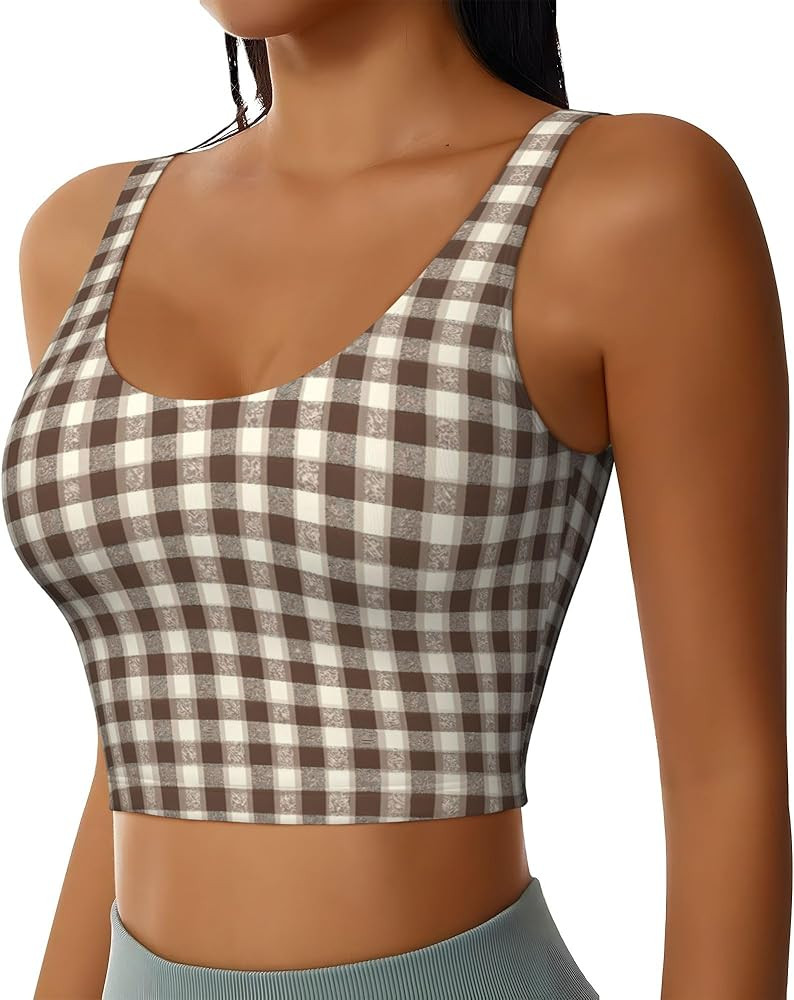 Brown Gingham 2 Print U Back Longline Sports Bras for Women with Removable Cups Yoga Bra | Amazon (US)