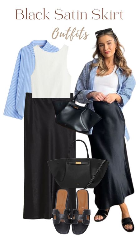 Black satin skirt, blue striped shirt, white tank top, demillier bag, spring fashion, spring outfit 

#LTKfindsunder50 #LTKstyletip #LTKtravel