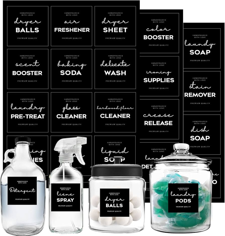 Minimalist Laundry Room Labels set, v2croft 36 Black matte stickers on Clear Canisters, Home orga... | Amazon (US)