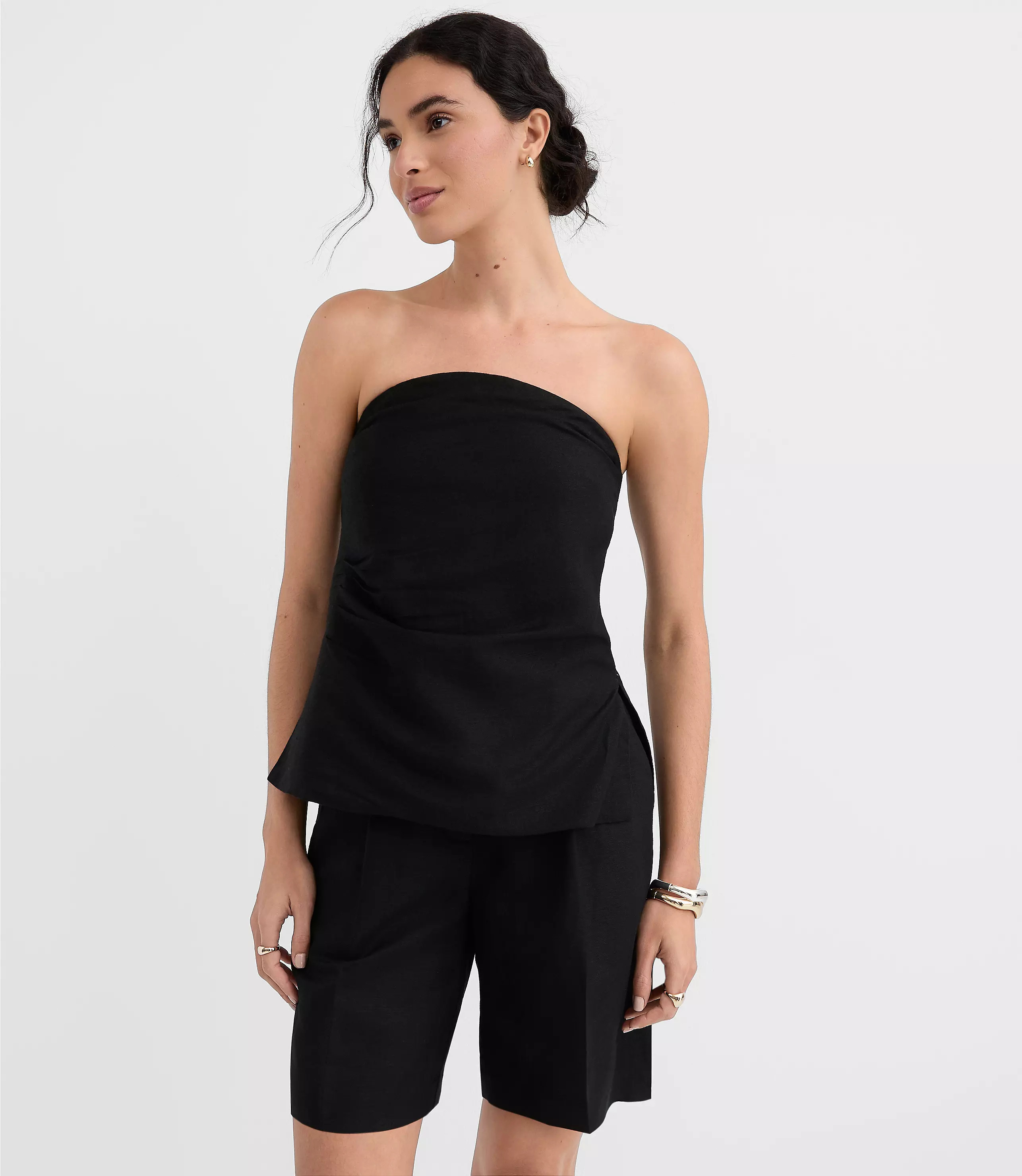 Ruched Linen Blend Strapless Top | LOFT