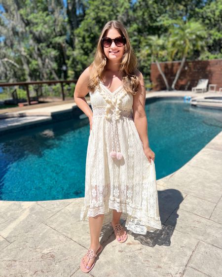 RARE deal on my beautiful lace dress from Cupshe! Perfect for vacay! I'm wearing it TTS in a large and the straps are adjustable.

Boho dress // beige dress // high low hem dress // tassels //  vacation dress // vacation outfitt

#LTKmidsize #LTKfindsunder50 #LTKsalealert