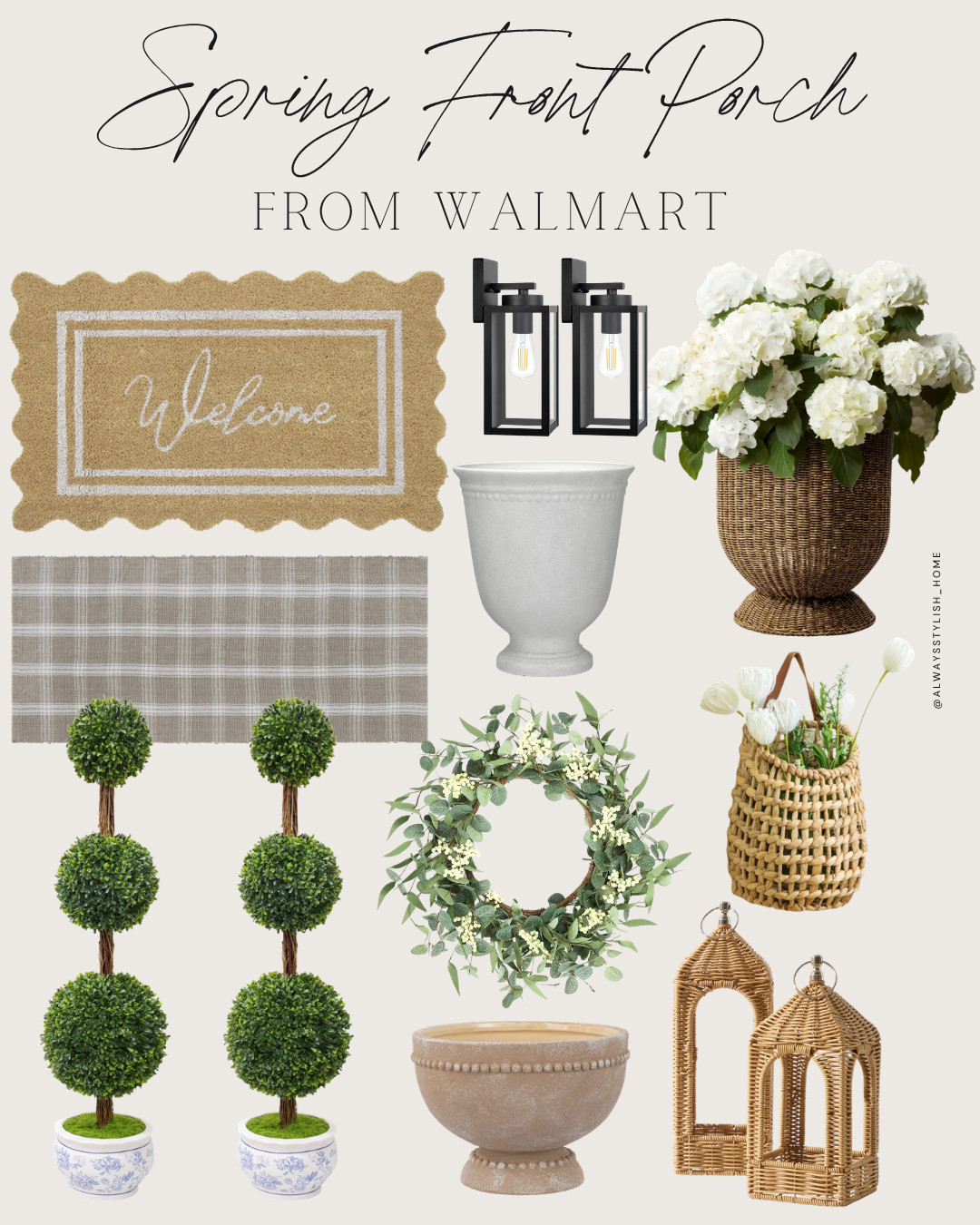 Walmart spring front porch finds to create a welcoming and cozy outdoor space. Think neutral planters, seasonal greenery, doormats, and simple decor that instantly refresh your entry for spring. These Walmart home finds are affordable and perfect for a light, airy, and inviting front porch setup. #walmarthome #frontporchdecor #springporch #outdoorinspo #neutralhomedecor #affordablehomedecor #porchrefresh #cozyhomevibes #springhomeinspo #ltkhome 

 #LTKSeasonal #LTKHome