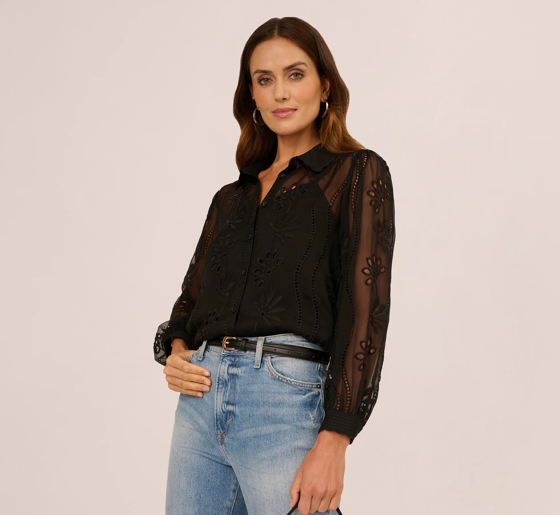 Long Sleeve Sheer Floral Eyelet Lace Blouse In Black | Adrianna Papell