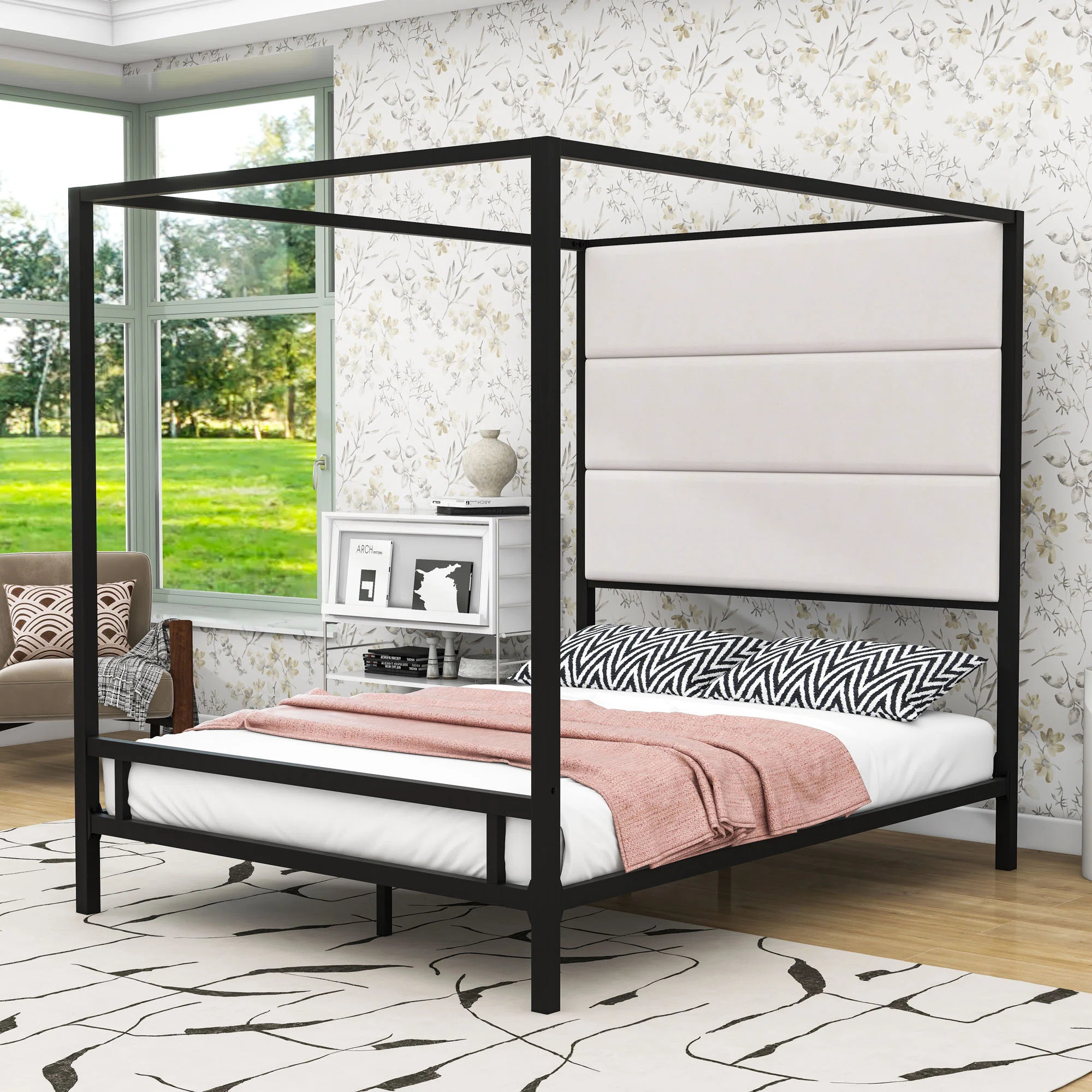 Metal Canopy Bed with Upholstered Linen Headboard | Wayfair North America