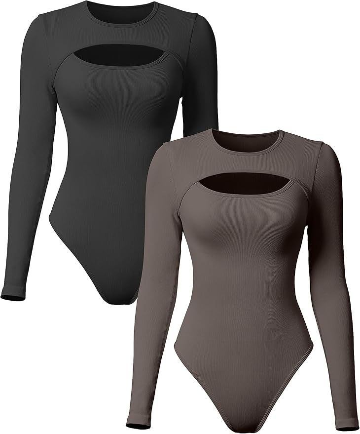 OQQ Women's 2 Piece Bodysuits Sexy Ribbed Long Sleeve Round Neck Cutout Front Tops Bodysuits | Amazon (US)