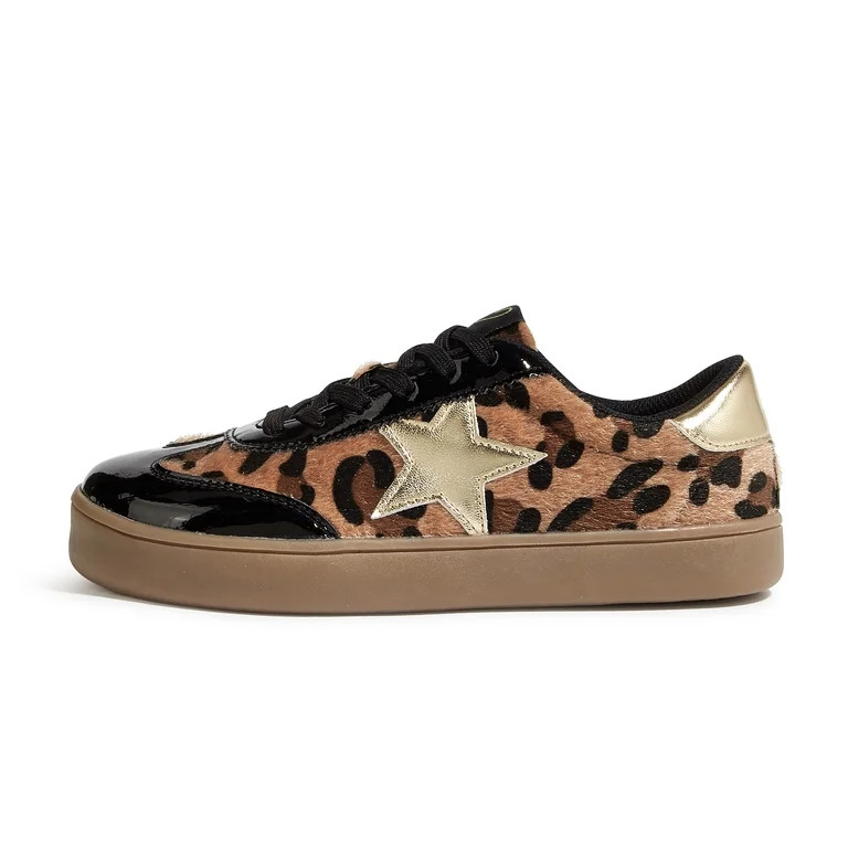 LUCKY STEP Womens Fashion Star Sneakers Wide Toe Lace Up Casual Shoes,Leopard | Walmart (US)