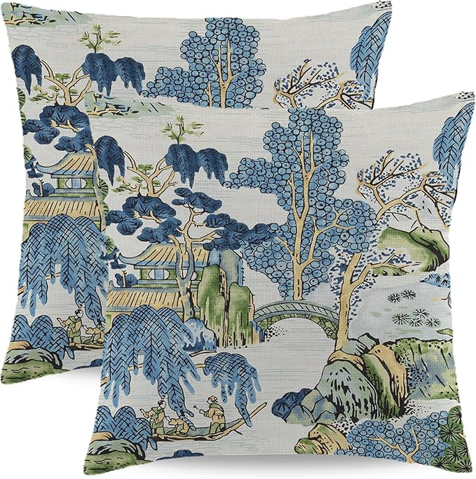 Chinoiserie Pillow Covers 20x20 Inch Set of 2, Asian Scenic Blue and Kelly Green Throw Pillows Fa... | Amazon (US)