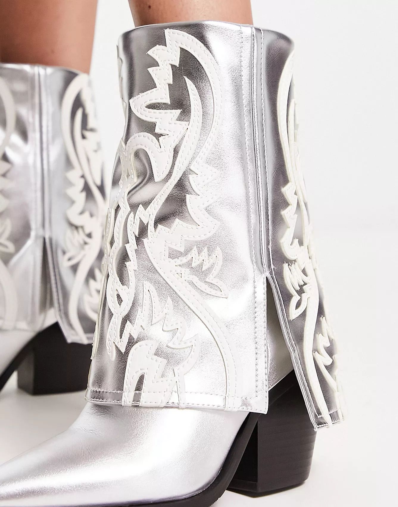 Azalea Wang Annabelle fold-over western boots in silver | ASOS (Global)