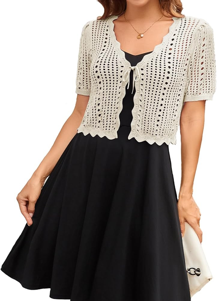 Kate Kasin Women Crochet Shrug Sweater Tie Front Knit Bolero Shrug for Dress Short Sleeve Cropped... | Amazon (US)