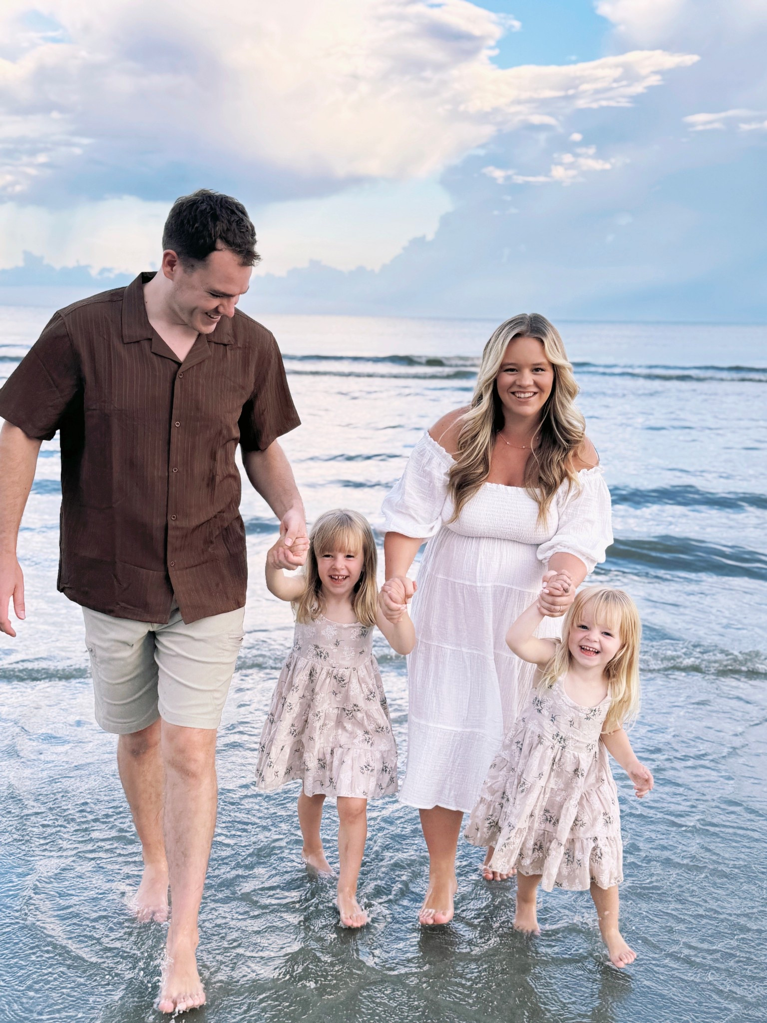 Matching family photo outfits for beach pictures - toddler beach and vacation dresses for family photos - chocolate brown mens button down shirt - lantern sleeve off the shoulder gauze dress - maternity photo outfits - bump friendly dresses 

#LTKBump #LTKBaby #LTKFamily