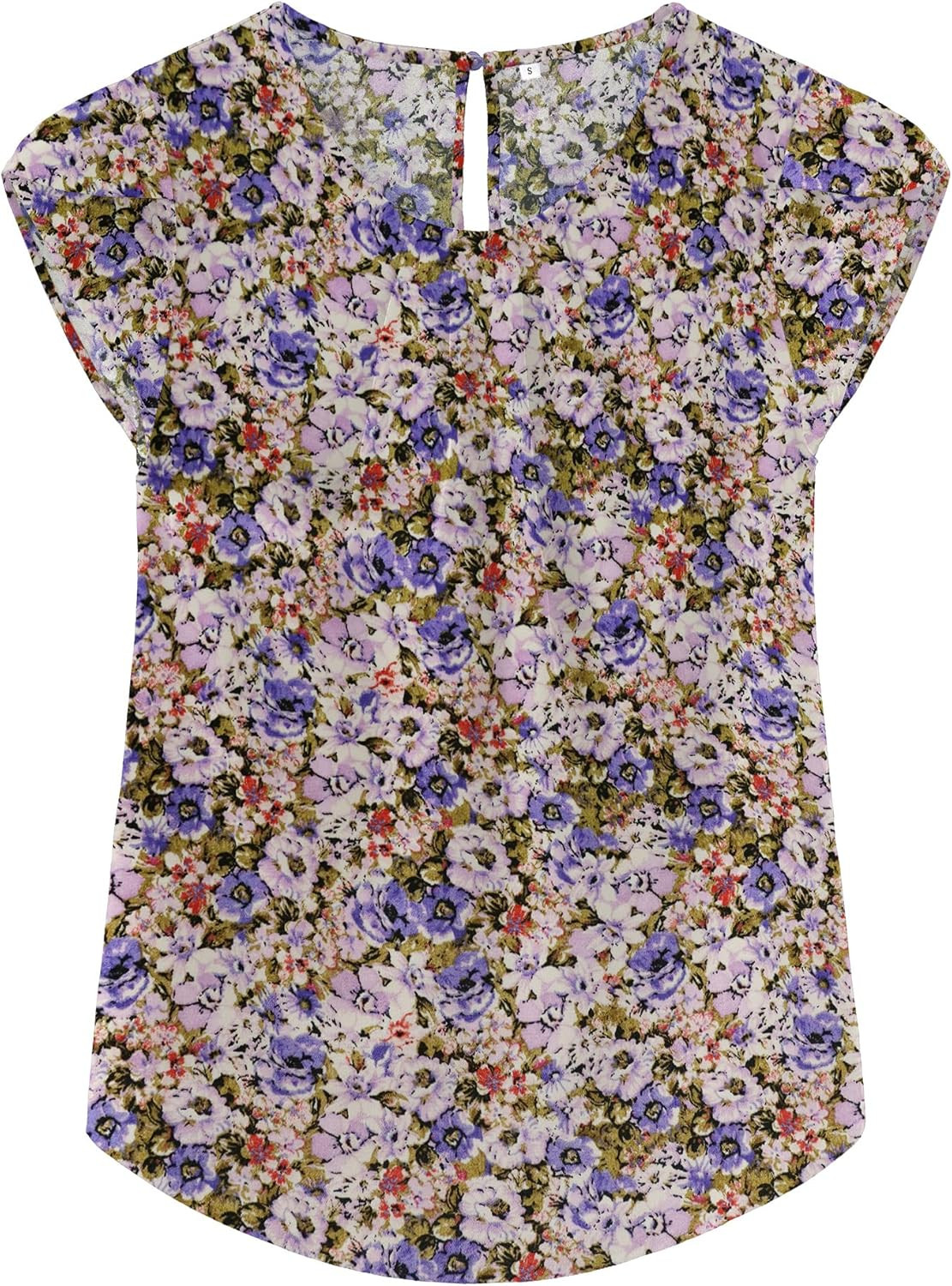 TASAMO Women's Casual Round Neck Basic Pleated Top Cap Sleeve Curved Keyhole Back Chiffon Blouse | Amazon (US)