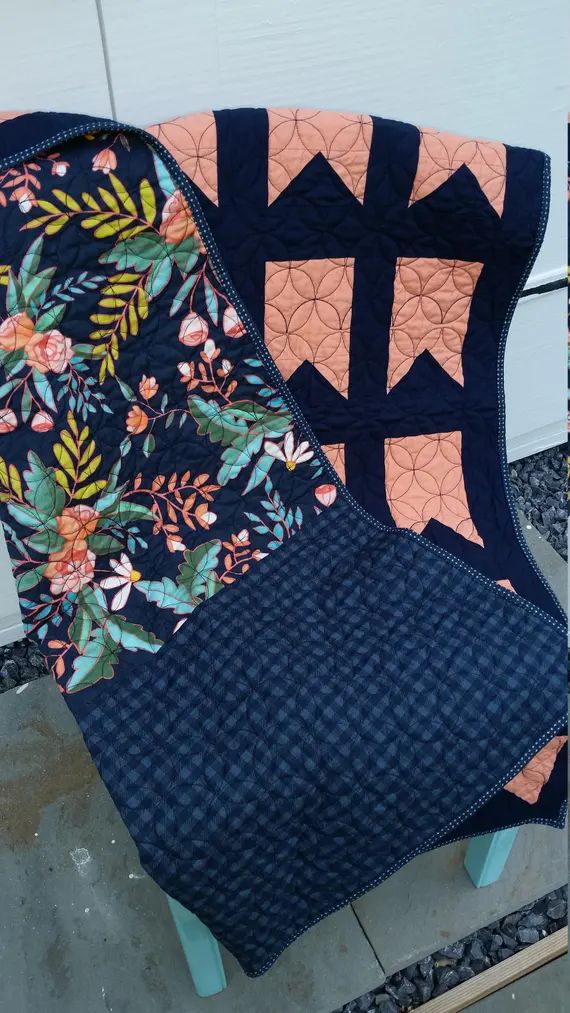 Baby Girl Banner Quilt Kona Navy and Creamsicle Quilt | Etsy | Etsy (US)